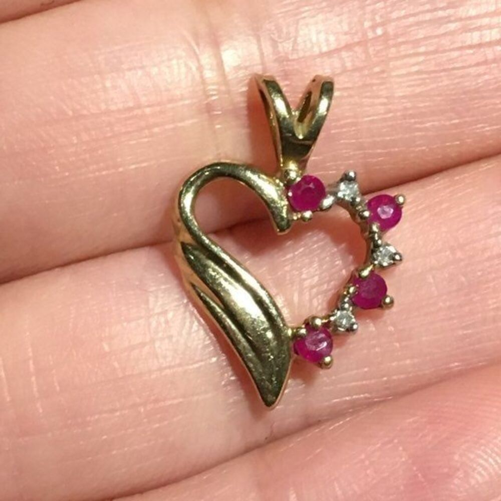 Solid 10k Yellow Gold Genuine Ruby Diamond Heart … - image 2